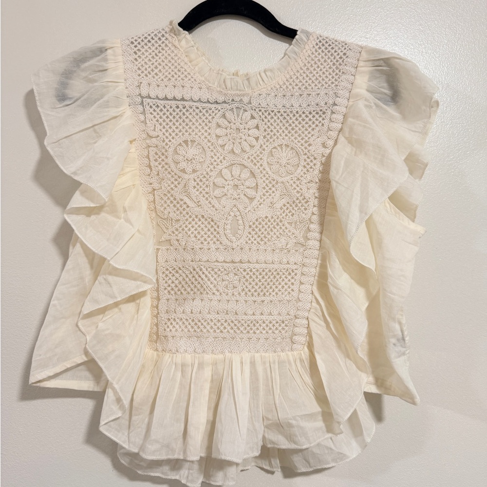 Joie Ivory Embroidered Ruffle Blouse M Boho Luxe Romantic Messy Coquette